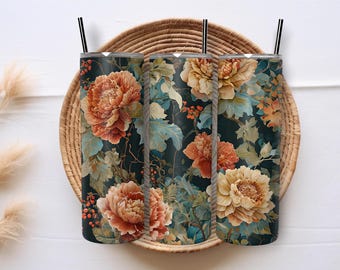 Vintage Floral Tumbler Wrap PNG | 20 oz Skinny Tumbler Sublimation Design | Moody Fall Flower Wrap | Digital Download