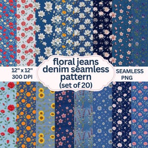 20 Floral jeans denim seamless pattern, Vintage Flower Fabric Textures for Sublimation,Digital Scrapbooking,Textile Design, Instant Download
