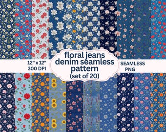 20 denim png, Floral jeans denim seamless pattern, Vintage Flower Fabric Textures for Sublimation,Digital Scrapbooking,Textile Design