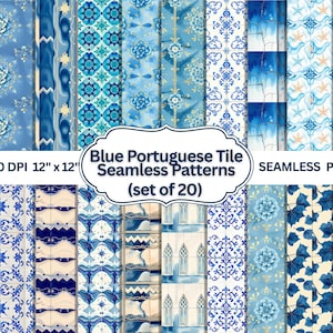 20 Blue Portuguese Tile Seamless Patterns | Azulejo Digital Paper | Mediterranean Watercolor Tile Backgrounds | portugal scrapbooking