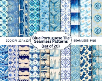 20 Blue Portuguese Tile Seamless Patterns | Azulejo Digital Paper | Mediterranean Watercolor Tile Backgrounds | portugal scrapbooking