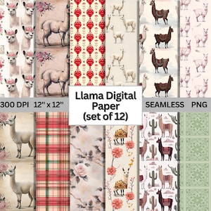 Puede incluir: Un conjunto de 12 papeles digitales con ilustraciones de llamas en varios estilos. Los papeles incluyen patrones con llamas, flores, cactus y diseños geométricos. Los papeles son de 300 DPI y 30,48 cm por 30,48 cm.