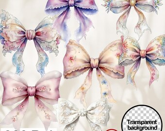 Watercolor Lace Bow Clipart | 7 Elegant Vintage Bows PNG | Coquette Aesthetic Digital Download