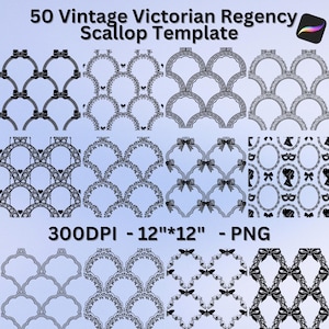 Könnte beinhalten: Eine digitale Vorlage mit 50 Vintage Victorian Scallop Designs. Die Schwarz-Weiß-Muster umfassen Schleifen, Blumenmotive und Cameo-Silhouetten. Das Bild ist 30,48 cm x 30,48 cm und 300 DPI, ideal für digitale Kunstprojekte.