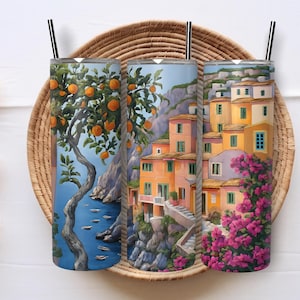 Italian Coast Tumbler Wrap PNG | 20 oz Skinny Tumbler Sublimation Design | Mediterranean Village Wrap | Digital Download