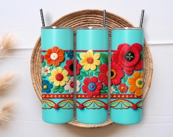 Mexican Floral Embroidery Tumbler Wrap PNG | 20oz Skinny Sublimation Design | Fiesta Folk Art Tumbler Wrap | Boho Flower Digital Download