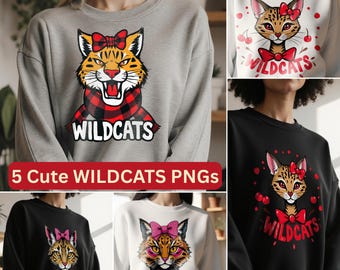 5 Cute Wildcats PNG Bundle, Leopard Mascot Clipart with Bows & Scarves, School Spirit Sublimation PNGs for T-Shirts and Crafts
