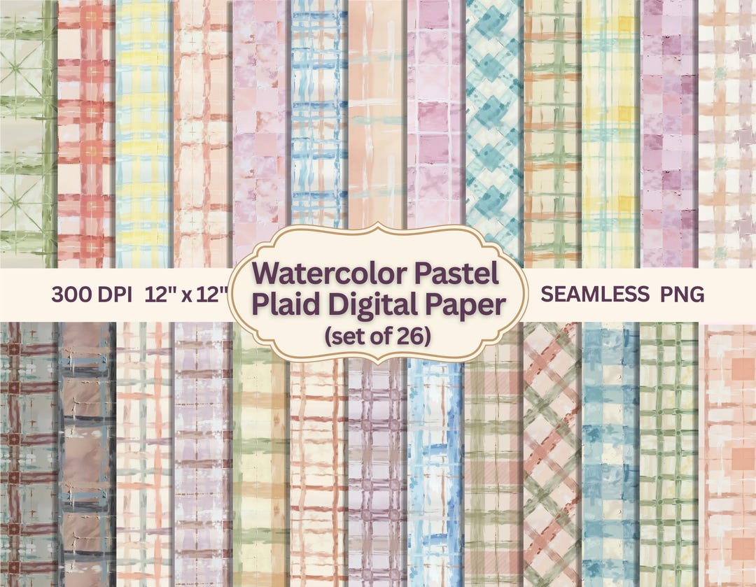 Watercolor Pastel Plaid Digital Paper, 26 Seamless Gingham & Check ...