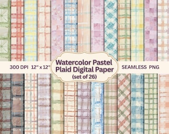 Papier cyfrowy w kratkę akwarelową, 26 bezszwowych wzorów w kratkę gingham i kratkę – Cottagecore Scrapbook Paper Pack, 12"x12" 300 DPI PNG do pobrania