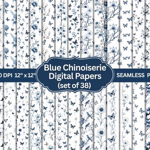 chinoiserie pattern, floral butterfly png, oriental backdrop, blue toile de jouy, Digital papers set, seamless toile, butterfly background