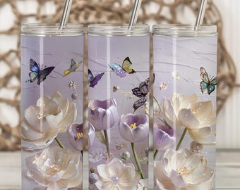 Diseño PNG para sublimación de funda para vaso de 20 oz con mariposa floral pastel 3D, ideal para vasos delgados. Flores brillantes con estética primaveral. Descarga digital.