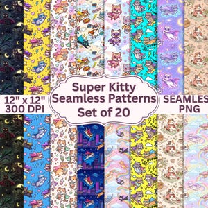 May include: A set of 20 seamless patterns with cartoon superhero cats. The patterns are 30.48 cm x 30.48 cm and feature cats in superhero poses. The text "Super Kitty Seamless Patterns" is displayed. The image is labeled "Seamless PNG".