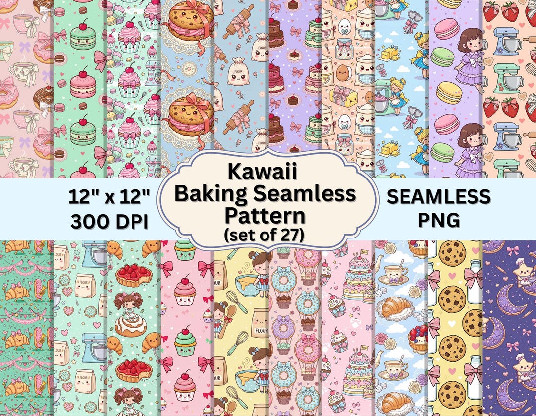 Kawaii Baking Seamless Pattern Bundle | Cute Bakery Digital Paper Set ...