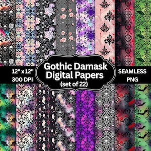 May include: A collection of 22 seamless digital papers with a gothic damask theme. The papers feature various patterns, including floral, skull, and bat motifs, in colors like red, black, purple, and green. Each paper measures 12" x 12" and is 300 DPI.