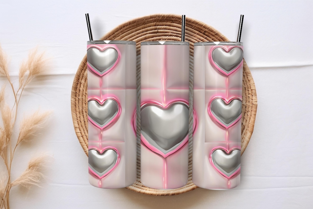 3D Inflated Chrome Effect Heart Tumbler Wrap PNG – 20 Oz Skinny