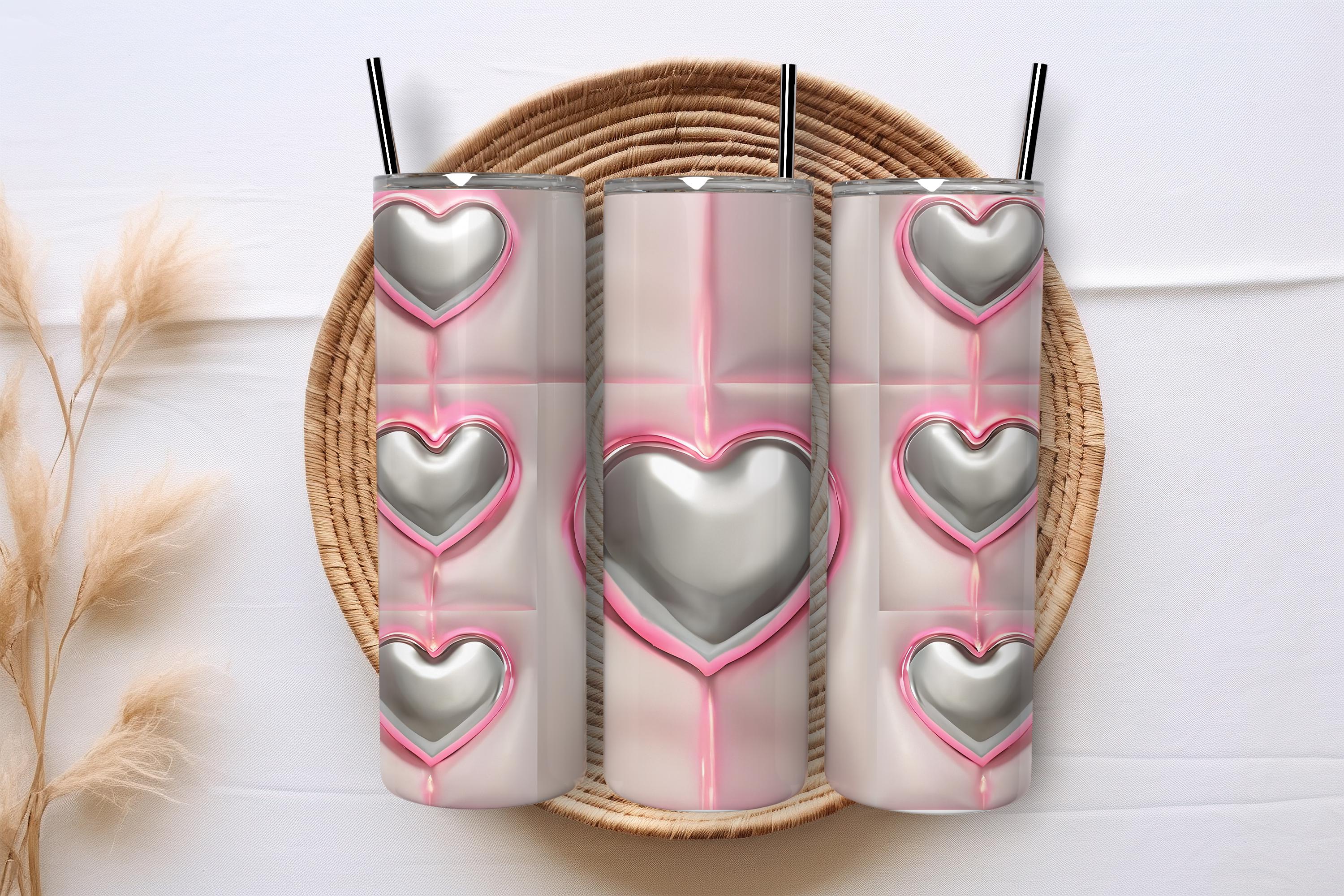 3D Inflated Chrome Effect Heart Tumbler Wrap PNG – 20 Oz Skinny