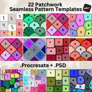 22 Patchwork Seamless Pattern Templates for Procreate & Photoshop, Clipping Mask + Smart Object, Quilt PNG 12x12, Editable Textile Mockup