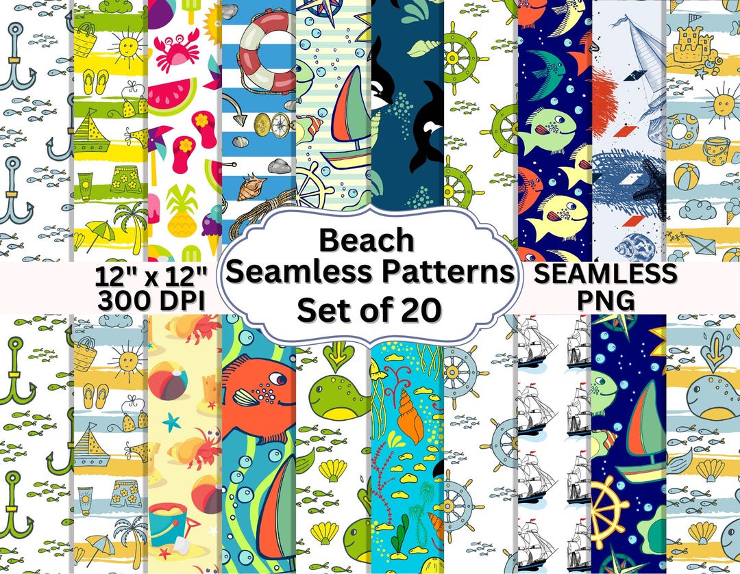 20 Beach Seamless Patterns Bundle | Summer Ocean Digital Paper ...
