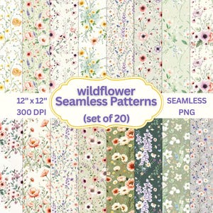20 wildflower clipart, wildflowers pattern, spring meadow, seamless tiles, Seamless Floral Patterns, vintage Wildflower Backgrounds
