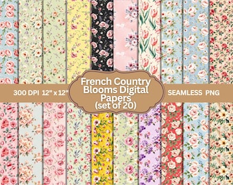 20 French Country Blooms Digital Paper | Seamless Floral Patterns | Shabby Chic Vintage Roses | Scrapbook Backgrounds | Printable Paper Pack