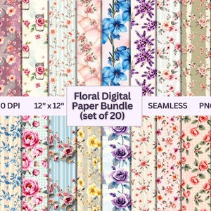 May include: A collection of 20 floral digital papers, each 12" x 12", featuring various flower patterns in shades of pink, blue, purple, and yellow. The papers are seamless and available in PNG format, with a resolution of 300 DPI. The text "Floral Digital Paper Bundle (set of 20)" is displayed.