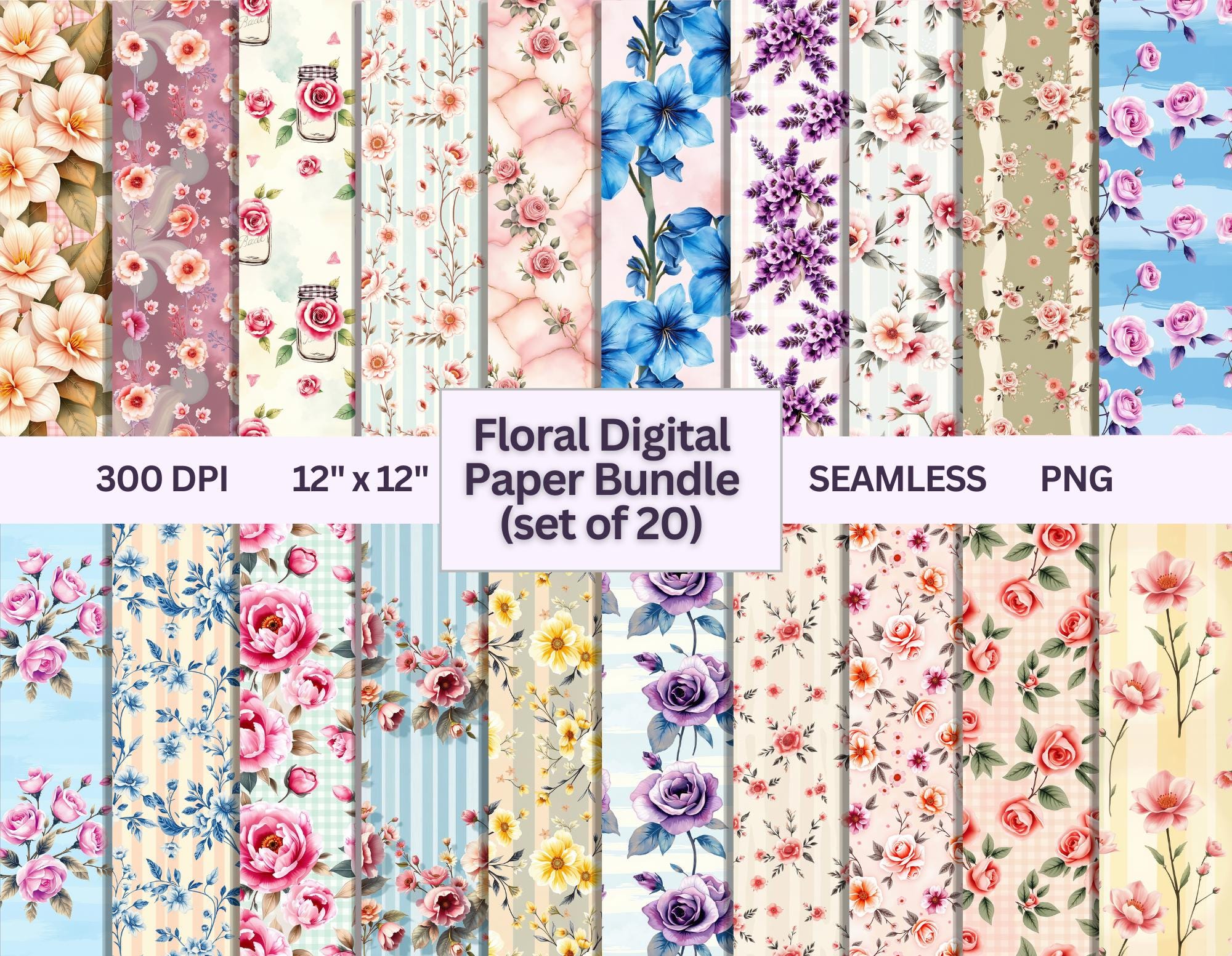 Floral Digital Paper Bundle | Vintage Flower Scrapbook Paper | Pastel ...
