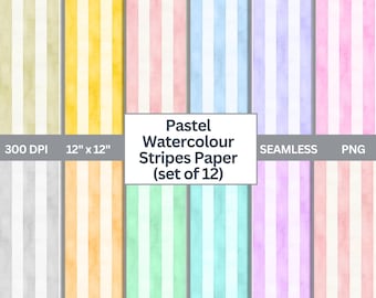 12 papier met verticale aquarelstreep – pastel naadloze achtergronden voor knutselspullen, naadloos patroon, digitale achtergrond, digitaal patroon