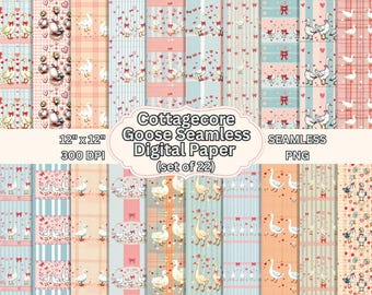 May include: A collection of 22 seamless digital papers with a cottagecore theme. The designs feature geese, hearts, and bows in pastel colors. Each paper is 12" x 12" and 300 DPI. The text on the image reads "Cottagecore Goose Seamless Digital Paper (set of 22) SEAMLESS PNG".