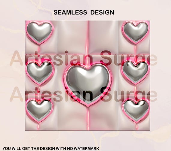 3D Inflated Chrome Effect Heart Tumbler Wrap PNG – 20 Oz Skinny