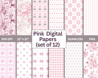 Pink Toile Digital Paper Set – 12 Preppy Bow & Coquette Patterns | Pink, White Backgrounds, Scrapbooking, Baby Shower, Invitations