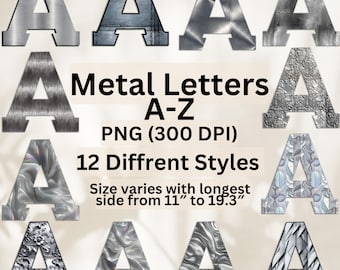 May include: A collection of metallic letter "A" designs in various textures and styles. The image showcases 12 different styles, with sizes ranging from 11 to 19.3 inches on the longest side. The text "Metal Letters A-Z" is also visible.