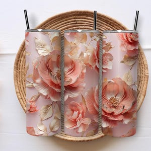 3D Coral & Gold Floral Tumbler Wrap – 20 oz Skinny Tumbler PNG, Elegant Peony Sublimation Design for Spring