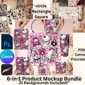 6-i-1 sömlöst mönster mockuppaket | Surface Design Group Mockup | Canva, PSD, Procreate | Tumbler, mugg, telefonskal, anteckningsbok-mockup