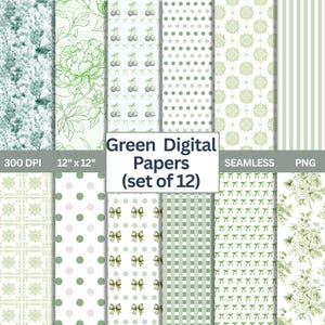 Green Toile & Coquette Digital Paper Bundle –Set of 12 Sage Green Scrapbook Backgrounds, Seamless Patterns, Vintage Preppy Aesthetic, PNG