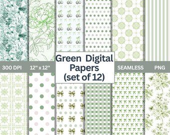 Green Toile & Coquette Digital Paper Bundle –Set of 12 Sage Green Scrapbook Backgrounds, Seamless Patterns, Vintage Preppy Aesthetic, PNG