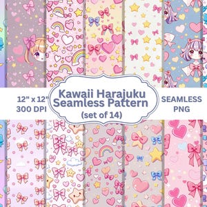 Peut inclure: Ensemble de 14 motifs Kawaii Harajuku sans couture, chacun de 30,48 cm x 30,48 cm à 300 DPI. Les motifs présentent des illustrations mignonnes de nœuds, de cœurs, d'étoiles, de nuages et de personnages de style anime aux couleurs pastel. Le texte "Kawaii Harajuku Seamless Pattern (set of 14)" est inclus.