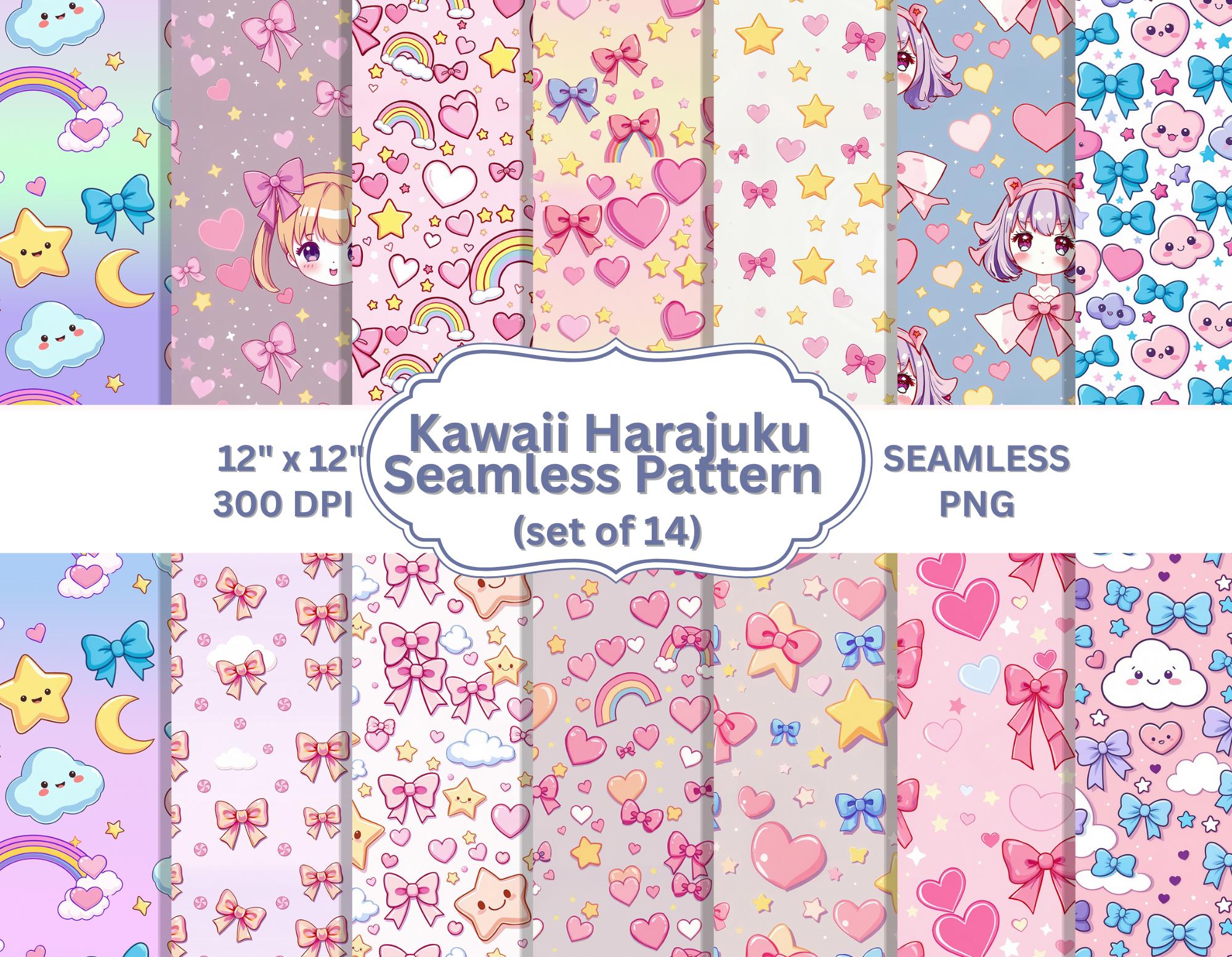 Kawaii Harajuku Seamless Pattern Bundle, 14 Pastel Digital Papers, Cute ...