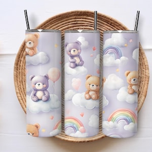 Cute Teddy Bears & Rainbows 20 oz Tumbler Wrap PNG – Pastel Cloud Sublimation Design, Kids Tumbler, Digital Download