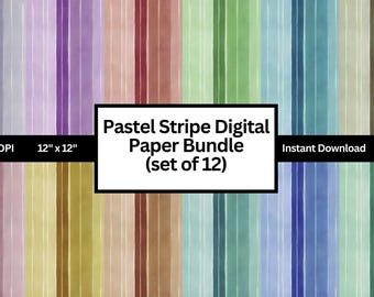 Digitaal papier met pastelkleurige strepen | 12 png-achtergronden | 12 x 12 zachte aquareltexturen | Bundel regenboog plakboek