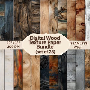 Puede incluir: Un conjunto de papeles digitales con texturas de madera en varios colores y patrones. El paquete incluye 28 archivos PNG sin costuras, cada uno de 30,48 cm x 30,48 cm a 300 DPI. Las texturas varían de claras a oscuras, con detalles de vetas de madera natural.