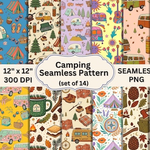 Puede incluir: Un conjunto de 14 patrones sin costuras con temática de camping, cada uno de 30,48 cm x 30,48 cm a 300 DPI. Los diseños incluyen tiendas de campaña, caravanas, fogatas y elementos al aire libre. Los patrones están en formato PNG. Se muestra el texto "Camping Seamless Pattern".