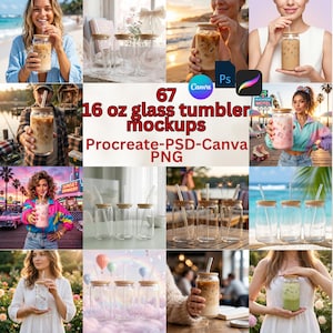 May include: A collage of images showcasing 16 oz glass tumblers with bamboo lids and straws. The text in the image reads "67 16 oz glass tumbler mockups Procreate-PSD-Canva PNG". The tumblers are shown with various beverages.