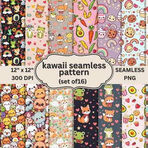 Può includere: Una collezione di sedici design "kawaii seamless pattern", ciascuno di 30,48 cm x 30,48 cm a 300 DPI. I modelli presentano simpatiche illustrazioni di animali, cibo e altri elementi stravaganti in vari schemi di colori. L'immagine include anche il testo "SEAMLESS PNG".