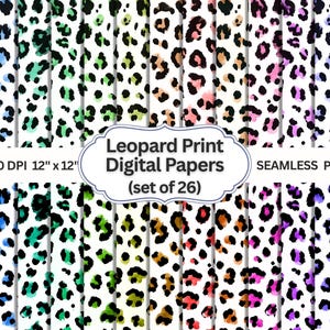 May include: A collection of 26 digital papers with leopard print patterns in various colors, including blue, green, orange, pink, and purple. Each paper is 12" x 12" and is a seamless PNG file. The image includes the text "Leopard Print Digital Papers (set of 26)".