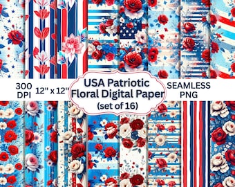 usa floral png, 16 USA Patriotic Floral Digital Paper Bundle, floral seamless, american flag pattern, 4th of July Printable Scrapbook Papers