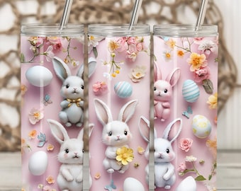 3D Osterhase Tumbler Wrap - 20 Unze Skinny Tumbler PNG, Nahtloses Blumenhasen Sublimationsdesign, Frühling Pastell Tumbler Wrap Download