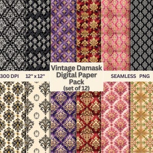 Vintage Damask Digital Paper Pack – Baroque Floral Patterns, Seamless Victorian Wallpaper Backgrounds, Printable Scrapbook Paper for Crafts.