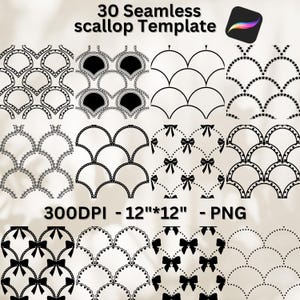 30 Scallop Template Seamless Pattern PNG | Procreate Scallop Brush Builder | 12x12 300 DPI Transparent PNG | Commercial Use