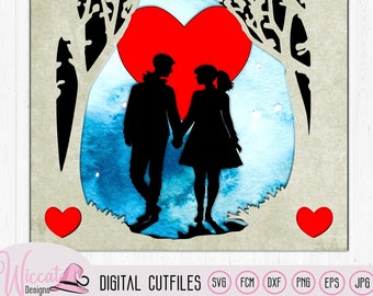 love Couple in the woods svg, Layered shadow box Template, Shadow box SVG, Valentine 3D Layered paper cut SVG, Valentine paper craft,