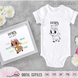 Mädchen Taurus svg, Sternzeichen mit Eigenschaften Zeichen Neugeborenes Baby| April-Mai Geburt svg | Baby-Dusche-Geschenk | Baby Bulle svg |  Plotterdatei